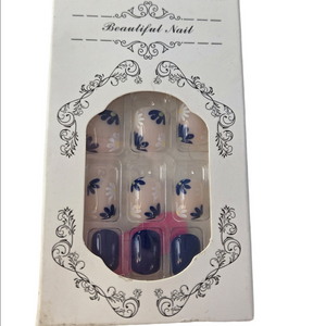 Beautiful Nails Blue White Yellow Floral Short Round False Nails